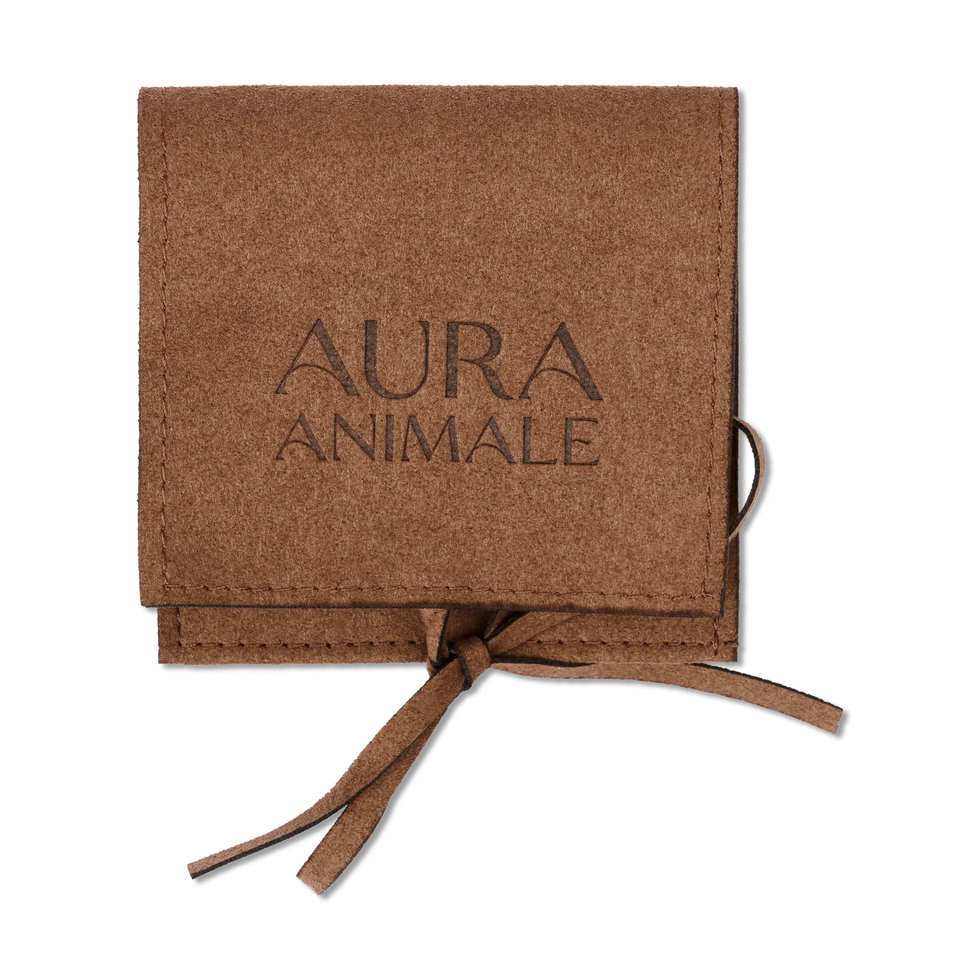Brown leather pouch with 'Aura Animale' branding on a white background, THE LUXE EDIT