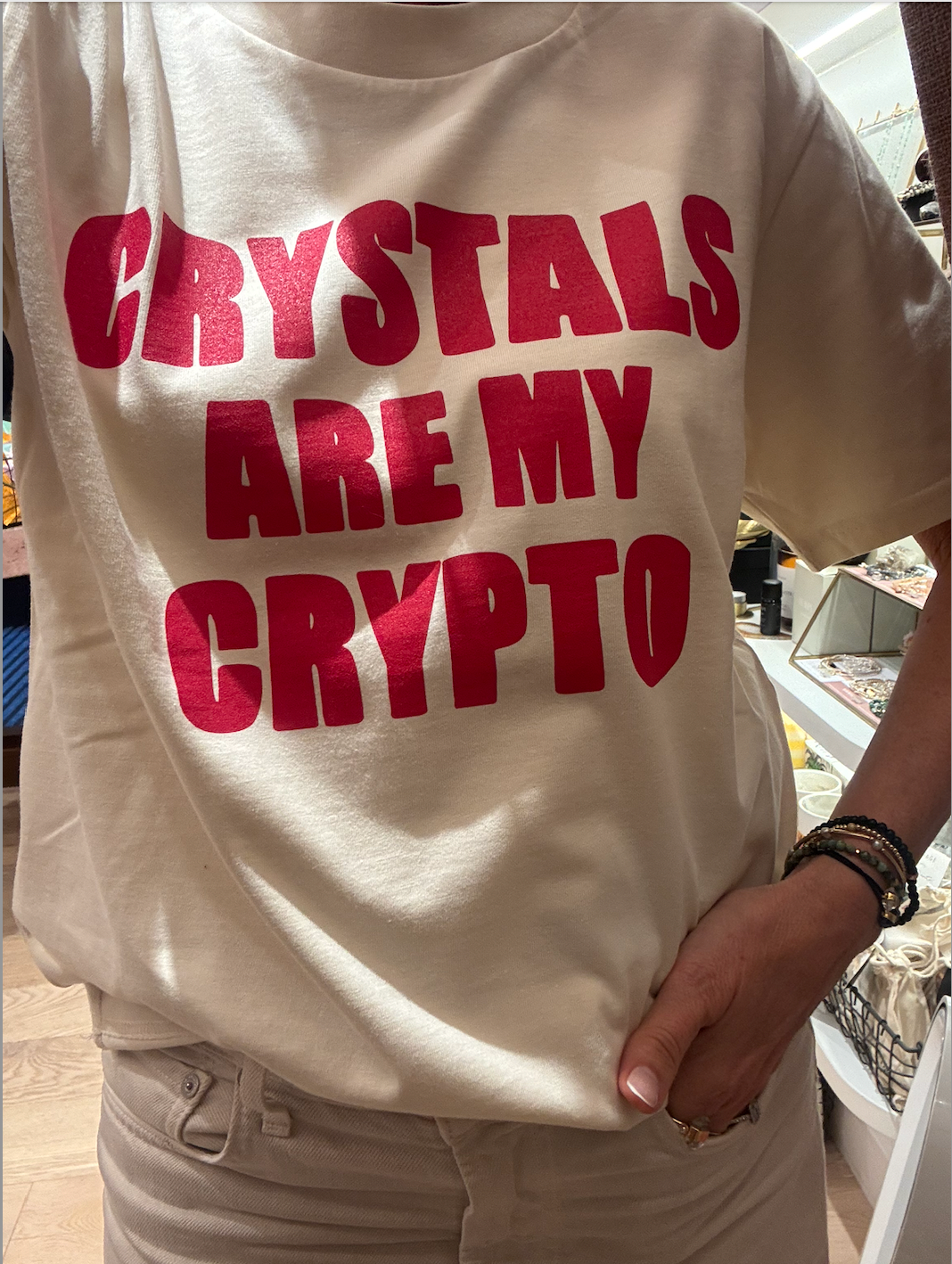 Ecru coloured Tee Shirt with Red Crystals Are My Crypto front chest print from The Luxe Edit